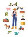 Farmer character and different farm elements. Woman farmer, barn, horse, fertilizer, haystack, cart, crop, pitchfork, watering can