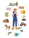 Farmer character and different farm elements. Woman farmer, barn, horse, fertilizer, haystack, cart, crop, pitchfork, watering can