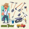 Farmer character with farm tools set - Royalty Free Stock Photo