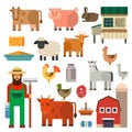 Farmer character man agriculture person profession rural gardener farm animals vector illustration. Royalty Free Stock Photo