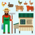 Farmer character man agriculture person profession rural gardener farm animals vector illustration. Royalty Free Stock Photo