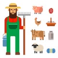 Farmer character man agriculture person profession rural gardener farm animals vector illustration. Royalty Free Stock Photo