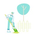 Farmer Character in Overalls Working in Garden Digging Soil and Care of Plants in Village or Countryside