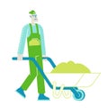 Farmer Character Pushing Wheelbarrow Working in Garden. Man Worker or Gardener Carrying Soil for Planting Trees