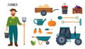 Farmer character, tractor and farm tools