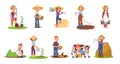 Farmer characters. Agriculture farmers, harvest worker and cow. Cartoon agricultural work, farm business people