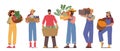 Farmer Characters Proudly Holding Baskets And Crates Brimming With The Bounty Of Their Harvest, Vector Illustration