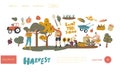 Farmer Characters Work on Garden or Orchard Harvesting Crop Landing Page Template. Gardeners Collect Fruit and Vegetable