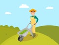 Farmer with Compost in Trolley Vector Illustration