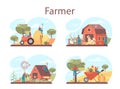 Farmer concept set. Farm worker on the field, watering plants and feeding