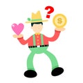 farmer man choose love and gold coin money dollar cartoon doodle flat design vector illustration
