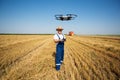 Farmer Control a drone on the wheat field.