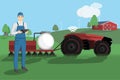 Farmer controls a autonomous tractor
