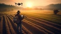 Farmer controls drone as he inspects his fields from above created with generative AI technology