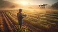 Farmer controls drone as he inspects his fields from above created with generative AI technology