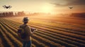 Farmer controls drone as he inspects his fields from above created with generative AI technology