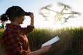 Farmer controls drone sprayer with a tablet.