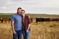 Farmer couple working on cow farm in the countryside for meat, beef and cattle food industry on sustainability field Royalty Free Stock Photo