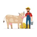 Farmer with a cow and bucket with milk and hay. Farming concept vector illustration in flat design. Happy farmer and Royalty Free Stock Photo