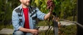 farmer cut grapevine. vinedresser cutting grapes bunch. male vineyard owner. Royalty Free Stock Photo