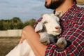 Farmer with cute goatling outdoors, closeup. Baby animal