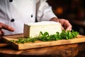 A farmer demonstrates a piece of cheese he made with his own hands. Homemade cheese production on a farm. Natural product. Close- Royalty Free Stock Photo