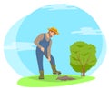 Farmer Digging Ground in Garden Cartoon Icon.