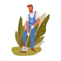 Farmer digging up ground with shovel in backyard. Young handyman working in garden. Colored flat vector illustration of Royalty Free Stock Photo