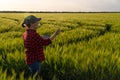 Farmer with digital tablet on a rye field. Smart farming and digital transformation in agriculture..