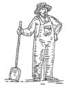 Farmer digs a shovel ground. Front view. Vector black vintage vector engraving Royalty Free Stock Photo