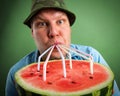 Farmer drinking watermelon juice Royalty Free Stock Photo