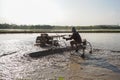 Farmer drives the tractor for plowing in the rice farm for preparation stage