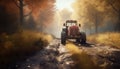 Farmer driving old tractor through dusty meadow, harvesting autumn crops generated by AI Royalty Free Stock Photo