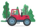 Farmer Driving Tractor near Green Trees Vector