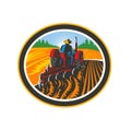 Farmer Driving Tractor Plowing Field Circle Retro