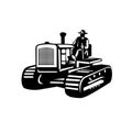 Farmer Driving Vintage Farm Tractor Side View Retro Black and White