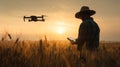 Farmer With Drone Controller at Sunset Royalty Free Stock Photo
