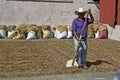 A farmer is drying coffee beans in the sun.