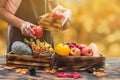 Farmer with eco fruit and vegetable in Autumn. Agricultural on harvest cornucopia in fall season and thanksgiving