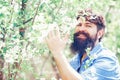 Farmer examining Common fig crop in plantation or field. Handsome young man on spring background looking at camera Royalty Free Stock Photo