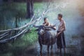 Farmer family, Father and son with a buffalo this lifestyle Royalty Free Stock Photo