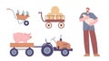 Farmer and farm animals. Agriculture technic, hen and cute flat pig. Tractor and wheelbarrow, harvest season vector Royalty Free Stock Photo