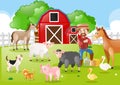 Farmer and farm animals in the farmyard Royalty Free Stock Photo