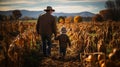 Dad farmer and young son walking amidst the crops in the fall - Generative AI