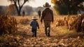 Farmer father and young son walking amidst the crops in the fall - Generative AI