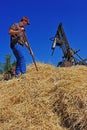 Farmer feeding a 1918 Hay Bailer Royalty Free Stock Photo