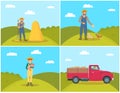 Farmer Feeding Chickens Set Vector Illustration