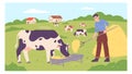 Farmer feeding cows. Rural countryside scene illustration