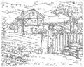 Farmer feeds pigs. Background landscape. Color illustration