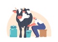 Farmer Female Character Sits On A Stool Next To The Cow, Skillfully Milking Into The Bucket. Woman Working On Livestock